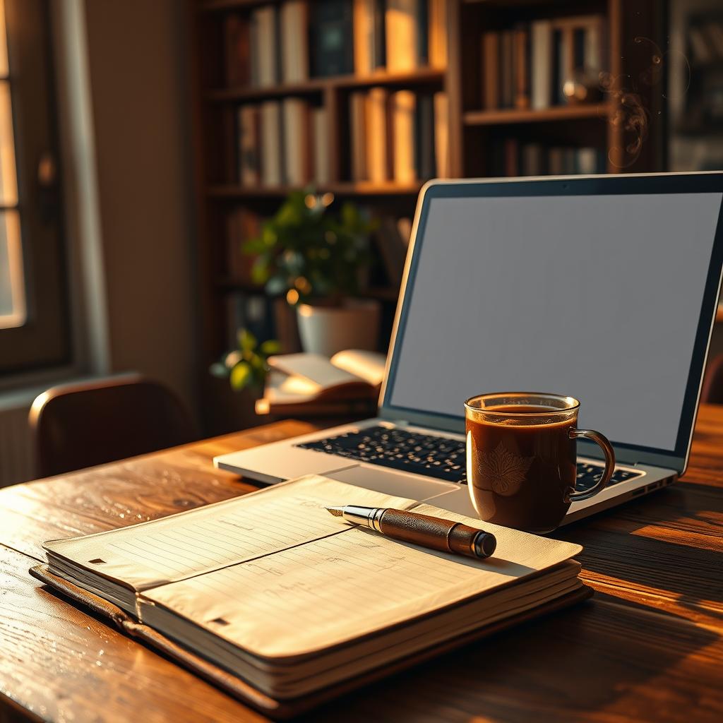 A highly detailed, realistic 4k photograph of a professional writer's desk at golden hour. The scene features a modern, open laptop displaying a clean document interface (no readable text), a leather-bound notebook with a few handwritten lines (unreadable), a vintage fountain pen, and a steaming mug of herbal tea. Soft, warm natural light streams in from a large window on the left, casting long shadows and illuminating dust particles in the air. In the blurred background, there's a cozy bookshelf filled with various literary works and a potted plant. The focus is sharp on the intricate textures of the wooden desk, the metallic sheen of the laptop, and the delicate steam rising from the mug. The overall atmosphere is one of quiet contemplation and creativity.
