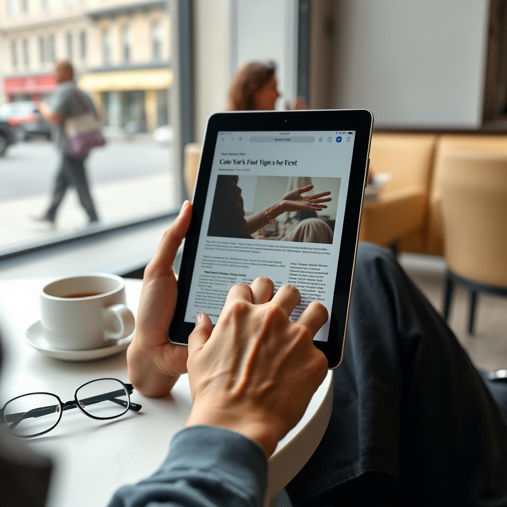 A realistic 4k close-up shot of a person's hands holding a tablet, displaying a beautifully laid out digital article. The tablet screen shows a clean, modern design with abstract content blocks and a compelling, non-representational image, but absolutely no readable text. The person is sitting comfortably in a well-lit, minimalist cafe, with a soft, blurred background of other patrons and a large window showcasing city life. A ceramic coffee cup and a pair of stylish reading glasses are subtly visible on the table next to the tablet. The focus is incredibly sharp on the tablet screen and the hands, highlighting the subtle lines and textures of the skin and the sleek design of the device. The lighting is bright and even, emphasizing clarity and detail.